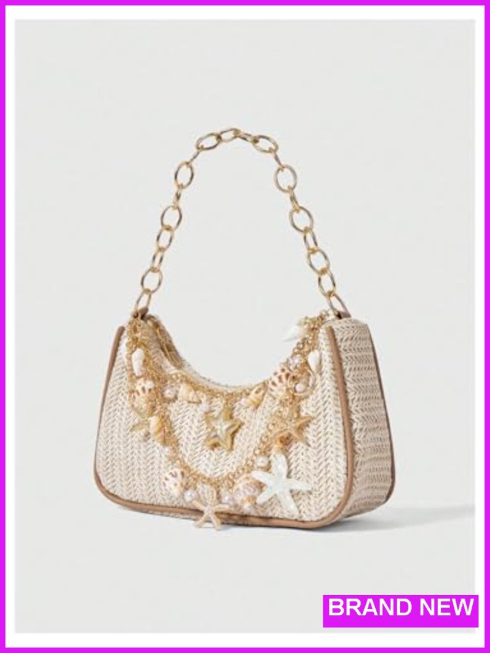 Straw Beach Purse Seashell Beaded Shoulder Handbag Summer Vacation Bag - Picture 2 of 5